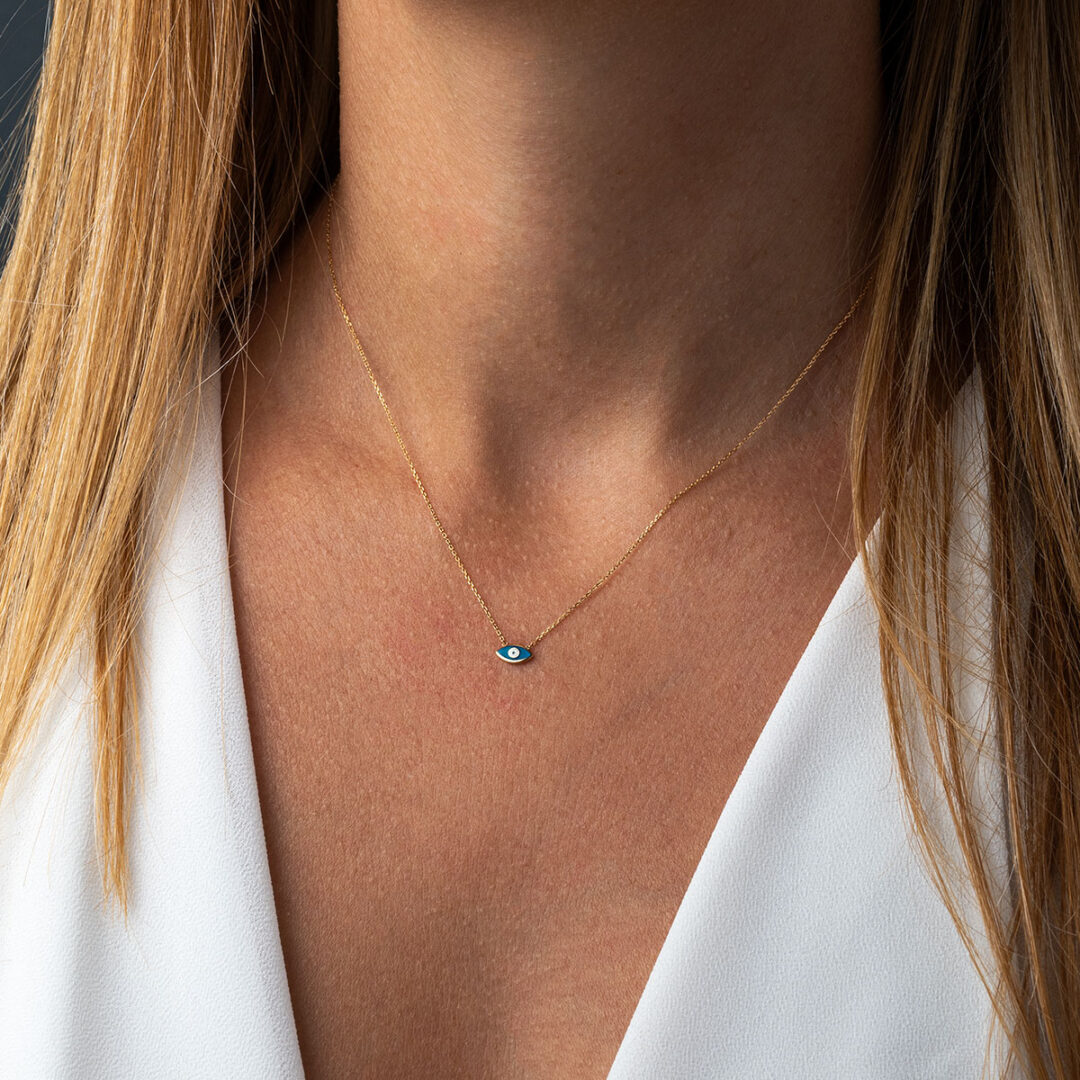 Evil Eye Necklace – 14K Yellow Gold with Blue Enamel — White