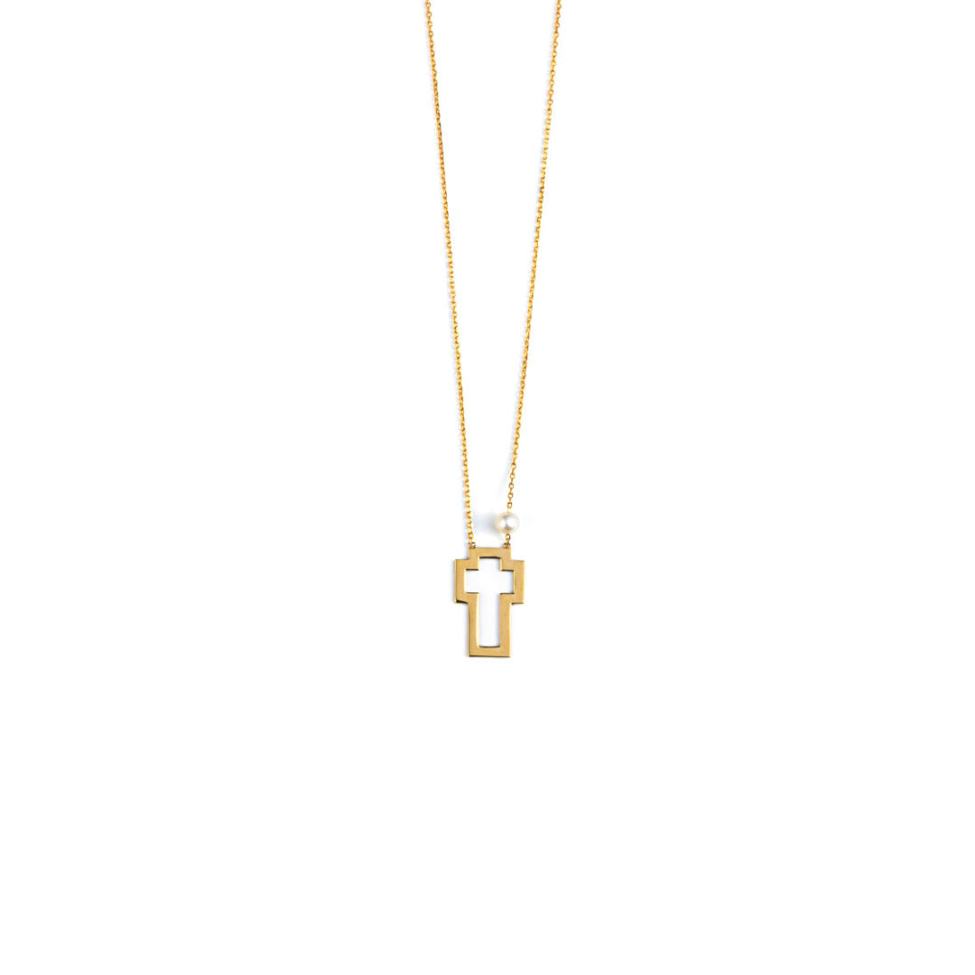 Open Cross Necklace with Pearl - 14K Yellow Gold