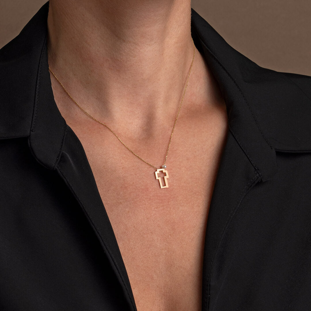 Open Cross Necklace with Pearl - 14K Yellow Gold