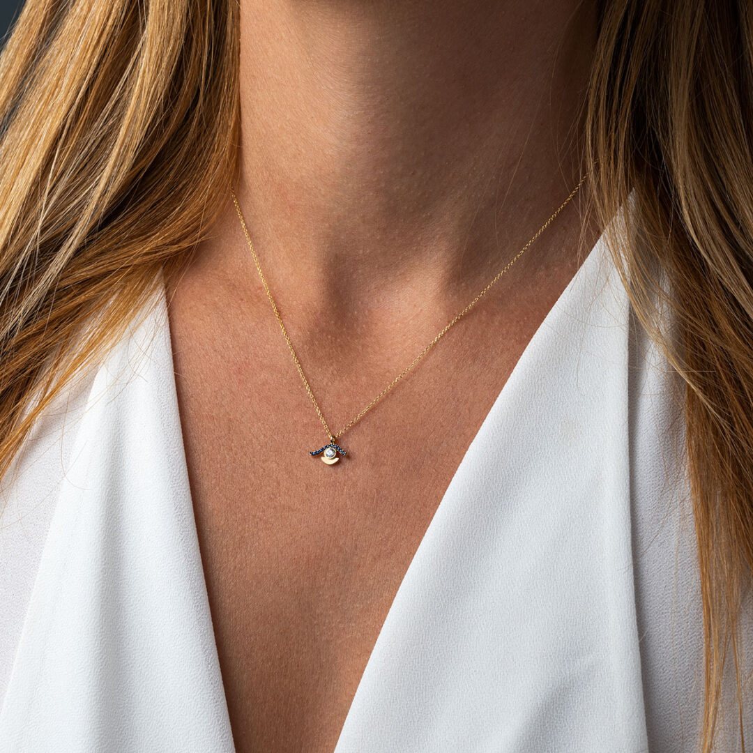 Eye Necklace with White Zircon – 14K Gold