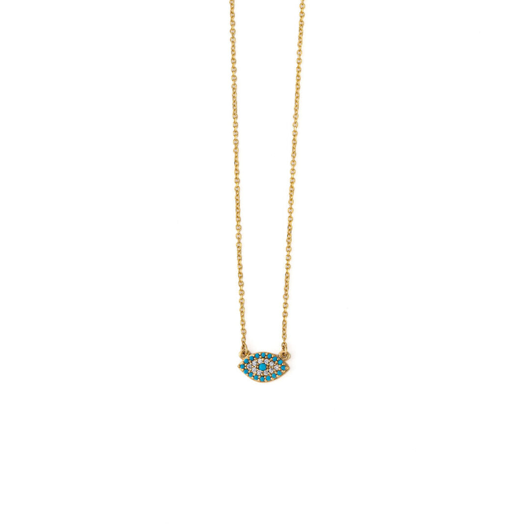 Evil Eye Necklace with Turquoise White Zircon – 9K Gold