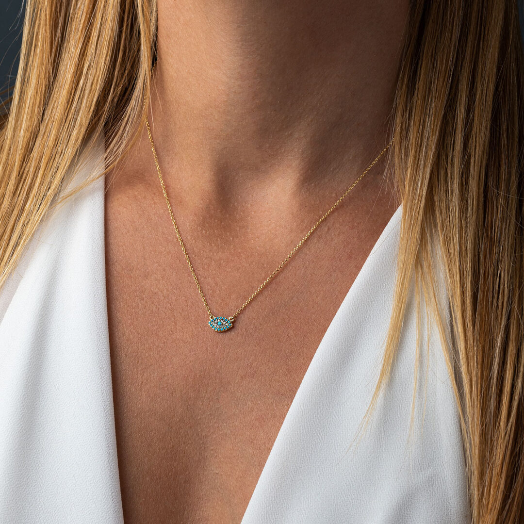 Evil Eye Necklace with Turquoise White Zircon – 9K Gold — Blue