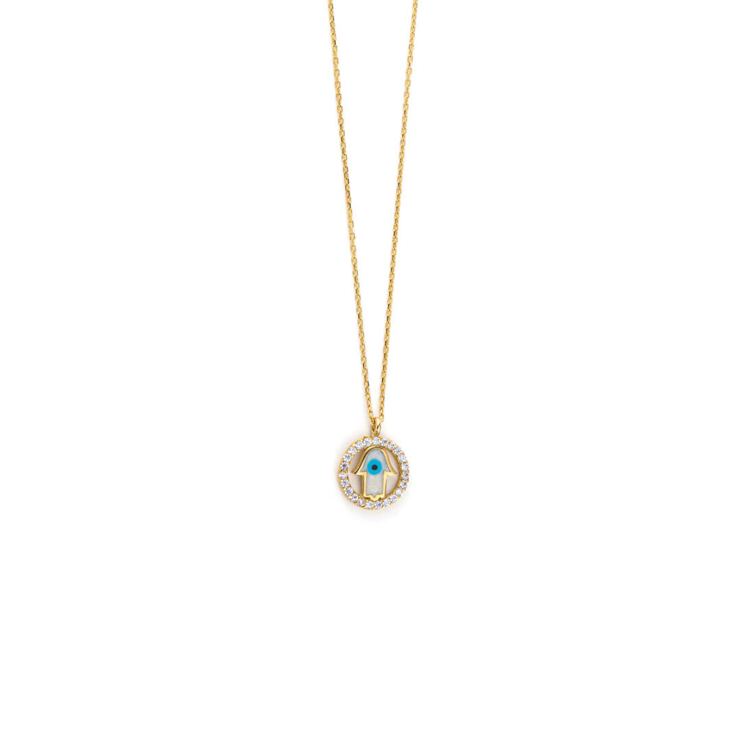 Χρυσό κολιέ Κ14 χέρι της Φατιμά με Μάτι και Ζιργκόν