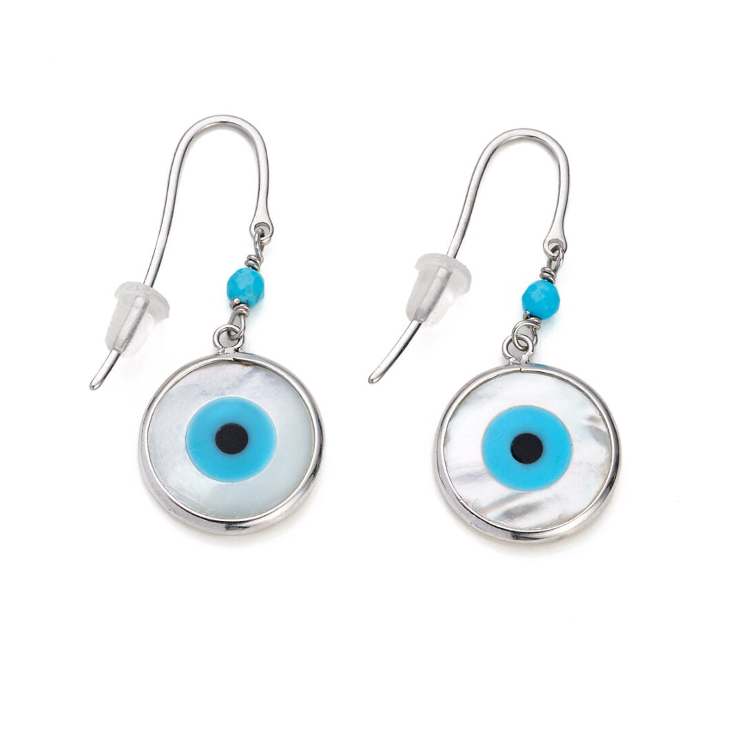 Sterling Silver Hook Earrings with Mother of Pearl Evil Eye