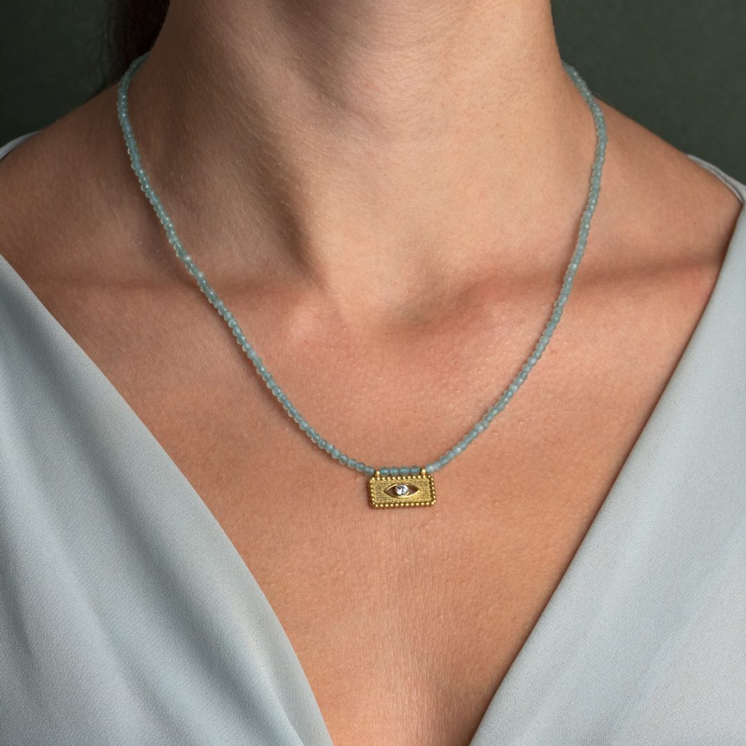 Evil Eye Necklace with Semi-Precious Stones in 925 Sterling Silver Gold Plated