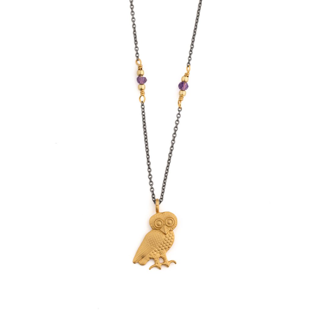 Wisdom Owl Necklace in 925 Sterling Silver Gold Plated and Oxidized