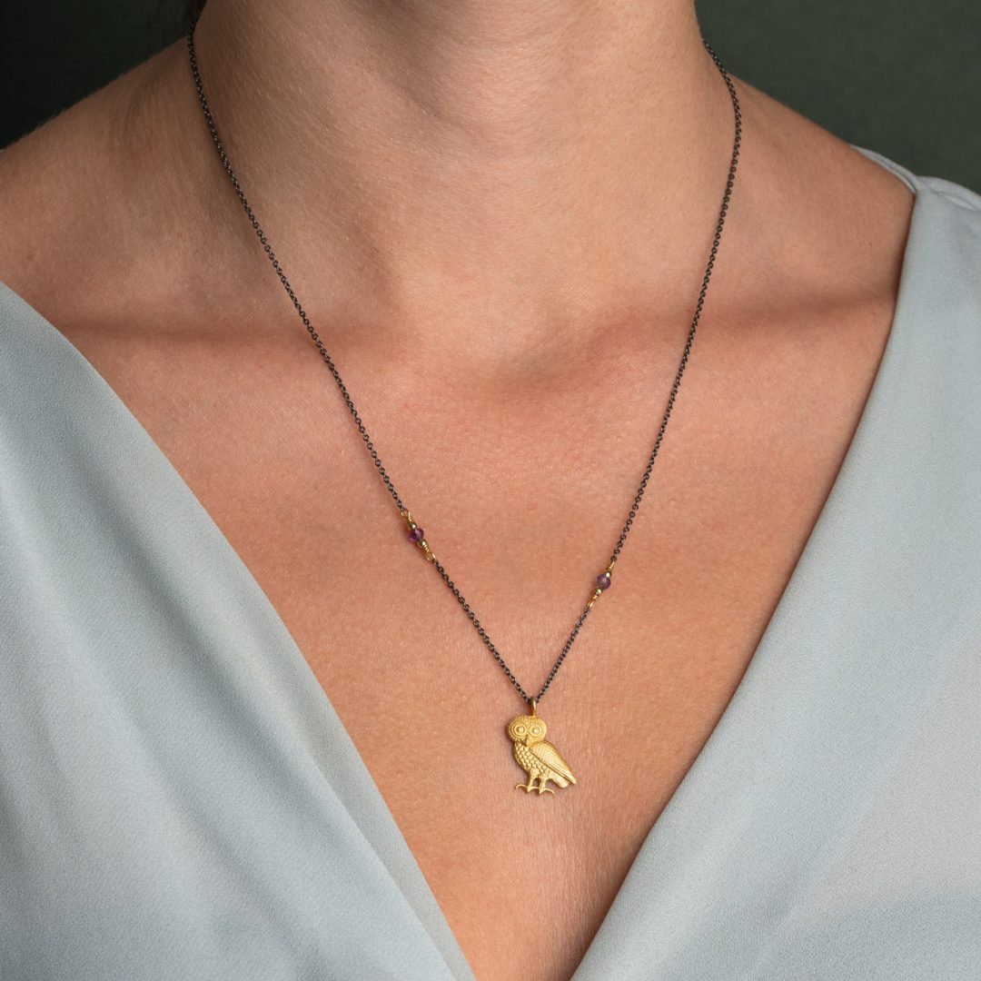 Wisdom Owl Necklace in 925 Sterling Silver Gold Plated and Oxidized