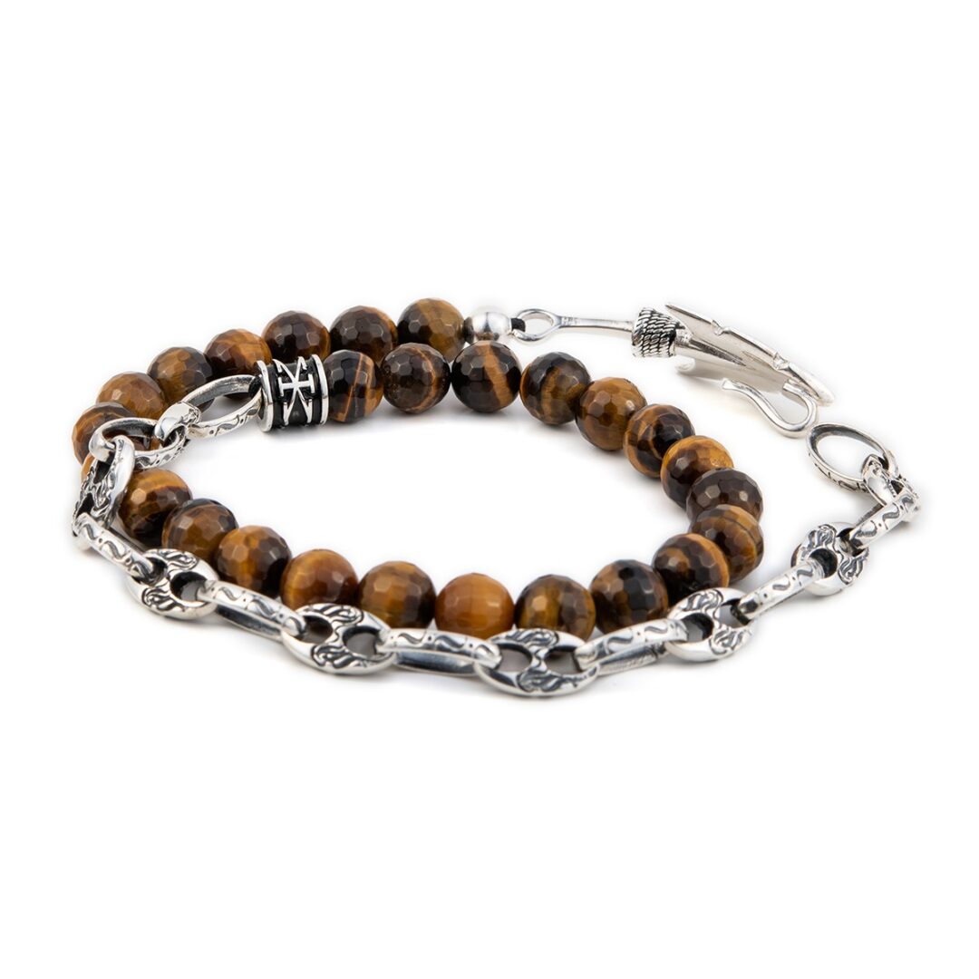 Arrow link Bracelet with tiger eye beads - Sterling Silver