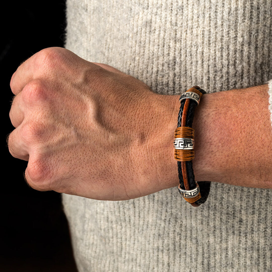 Meander Leather Bracelet – 925 Sterling Silver — Brown