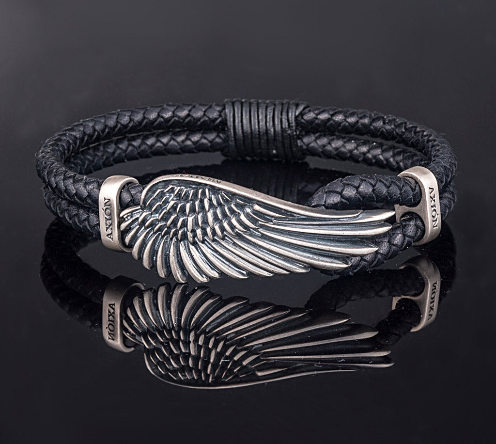 Wing Leather Bracelet - 925 Sterling Silver — Black