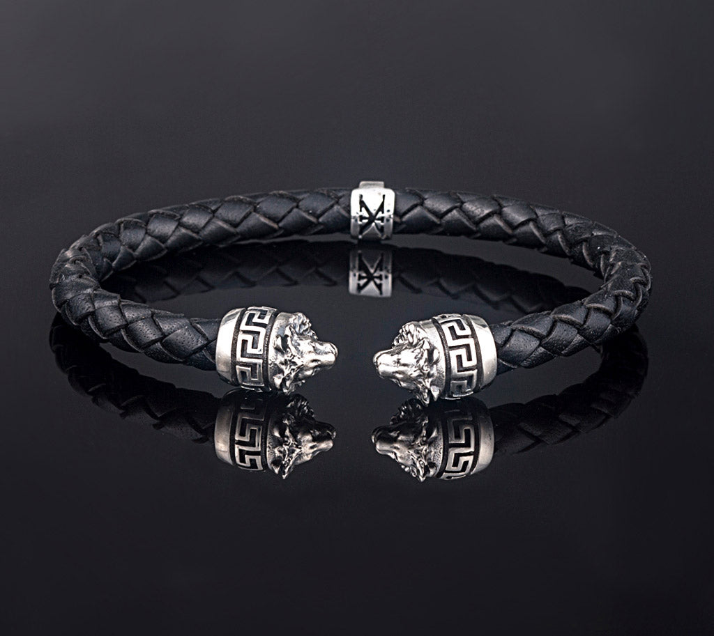 Sterling Silver Leather Lion Bracelet with Greek key — Black