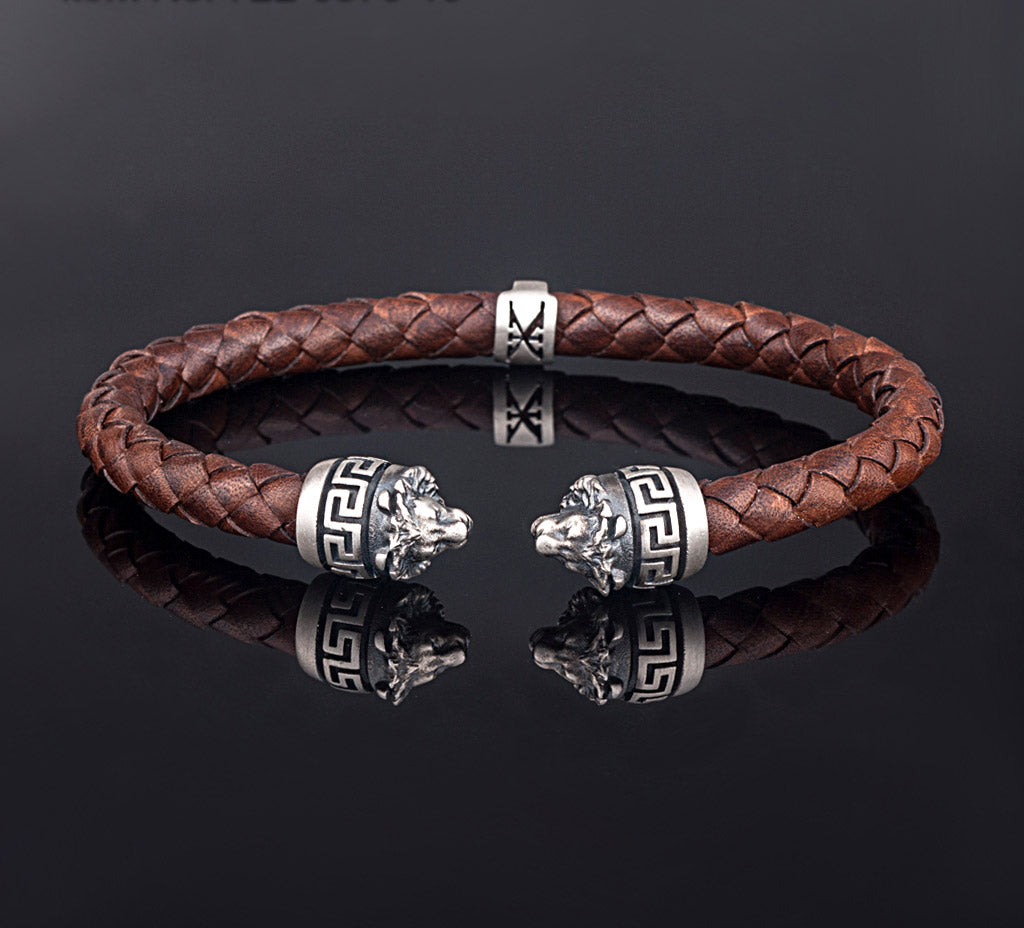 Sterling Silver Leather Lion Bracelet with Greek key — Brown