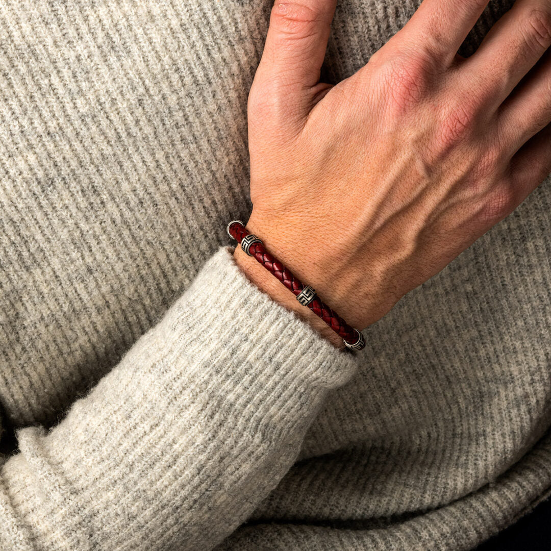 Meander Leather Bracelet – 925 Sterling Silver — Red