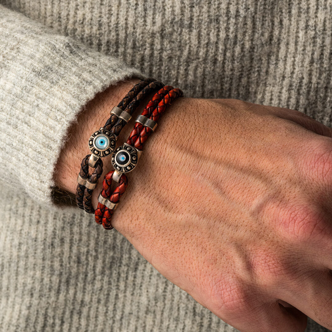 Lucky Eye Leather Bracelet – 925 Sterling Silver — Coral