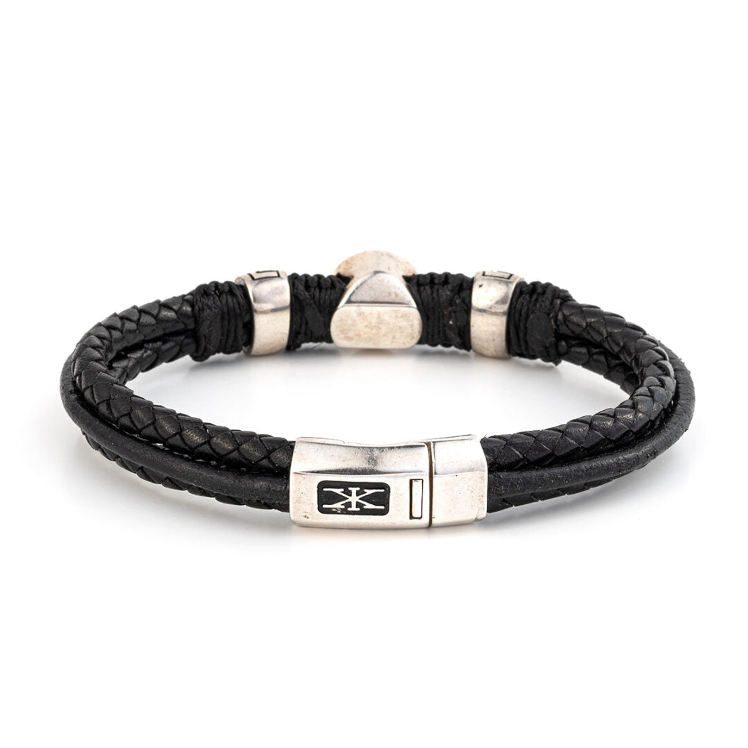 Meander and Evil Eye Leather Bracelet – 925 Sterling Silver — Black