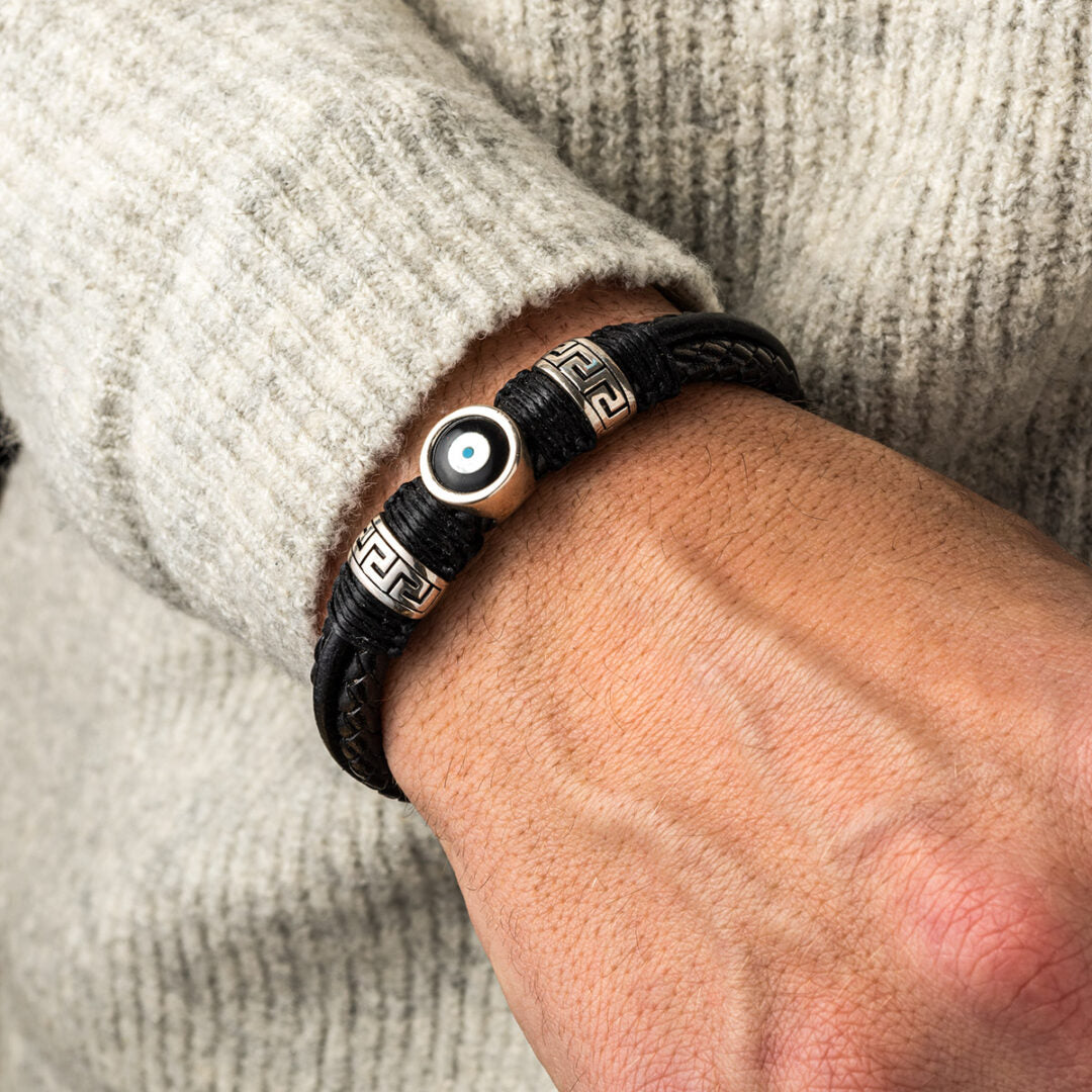 Meander and Evil Eye Leather Bracelet – 925 Sterling Silver — White