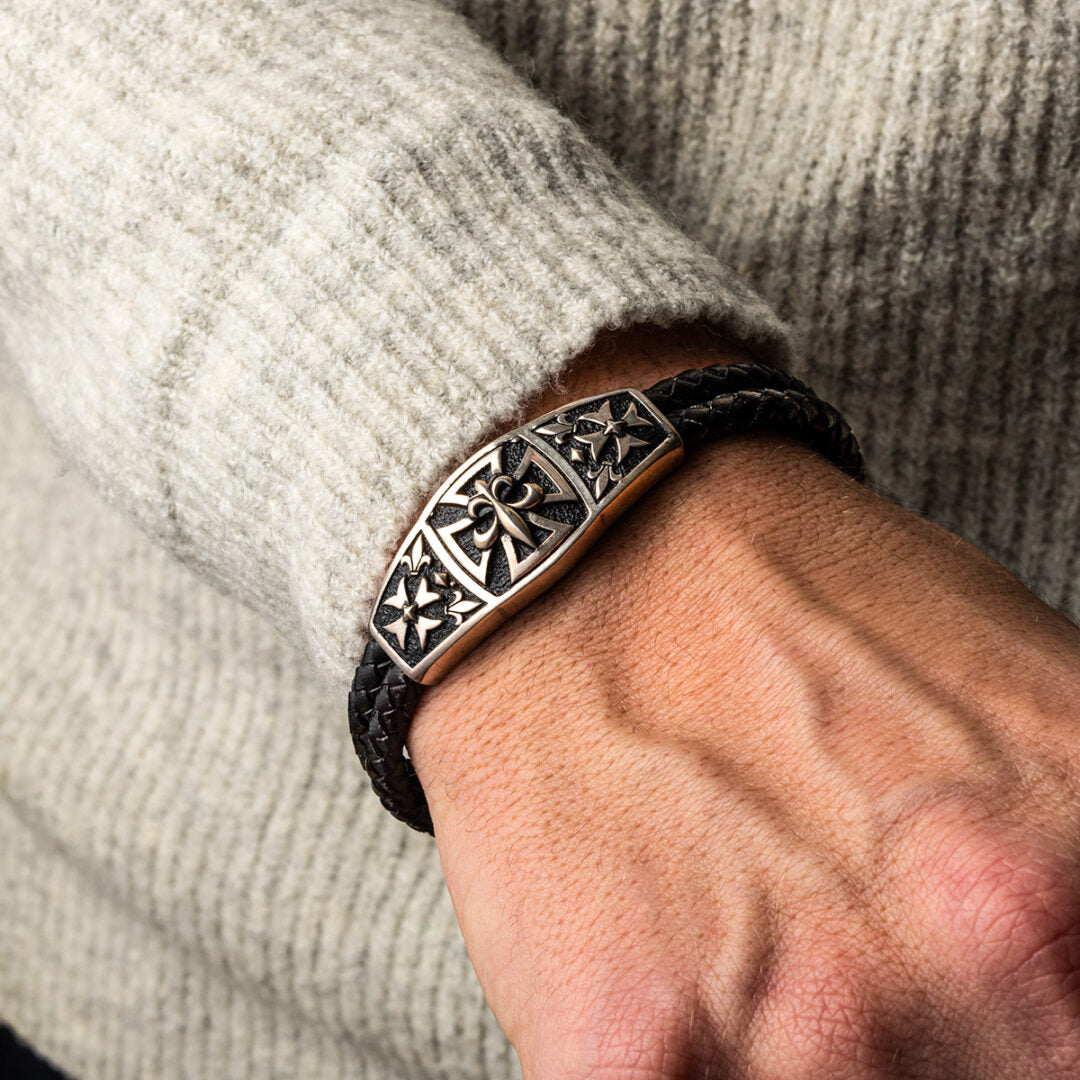 Fleur De Lis Cross Leather Bracelet – 925 Sterling Silver — Bordo