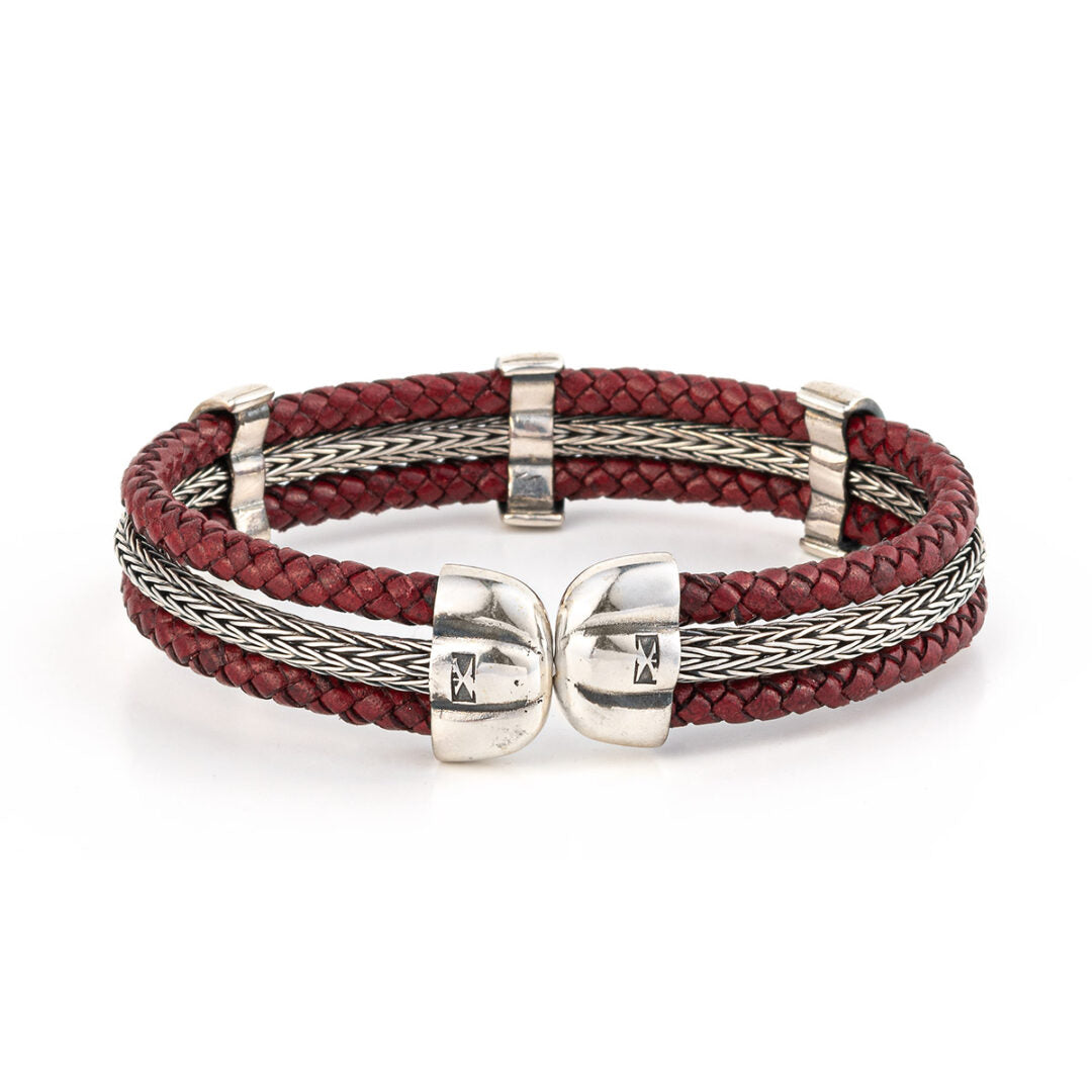 Greek Key Meander Leather Bracelet – 925 Sterling Silver — Blue