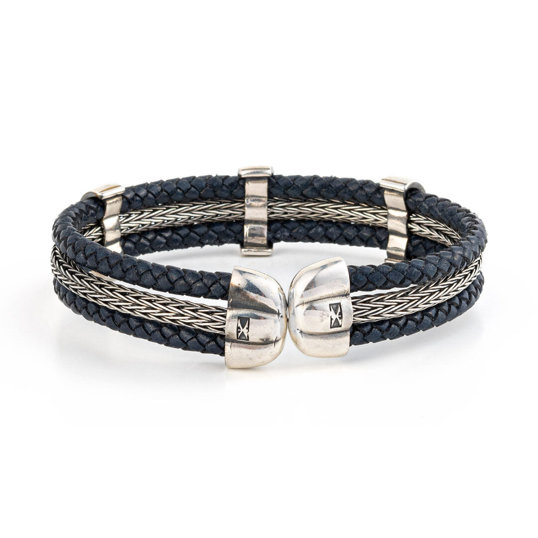 Greek Key Meander Leather Bracelet – 925 Sterling Silver — Blue