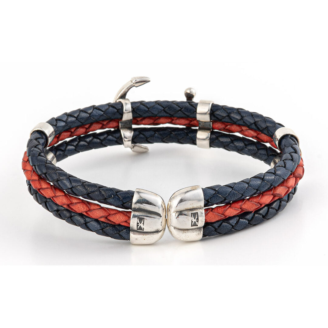 Sterling silver leather anchor bracelet — multicolor