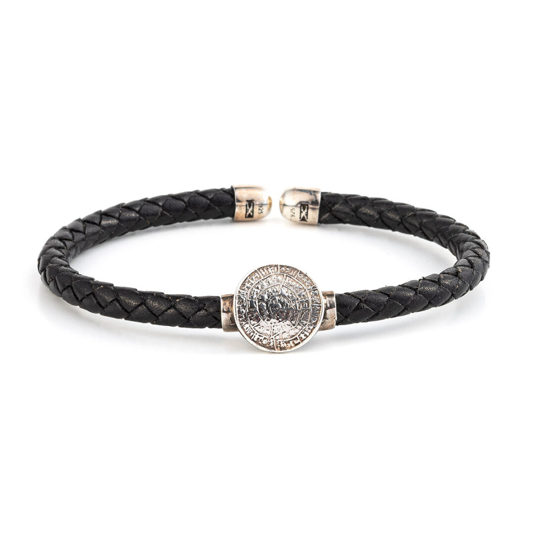 Phaistos Disc Leather Bracelet - 925 Sterling Silver — Black