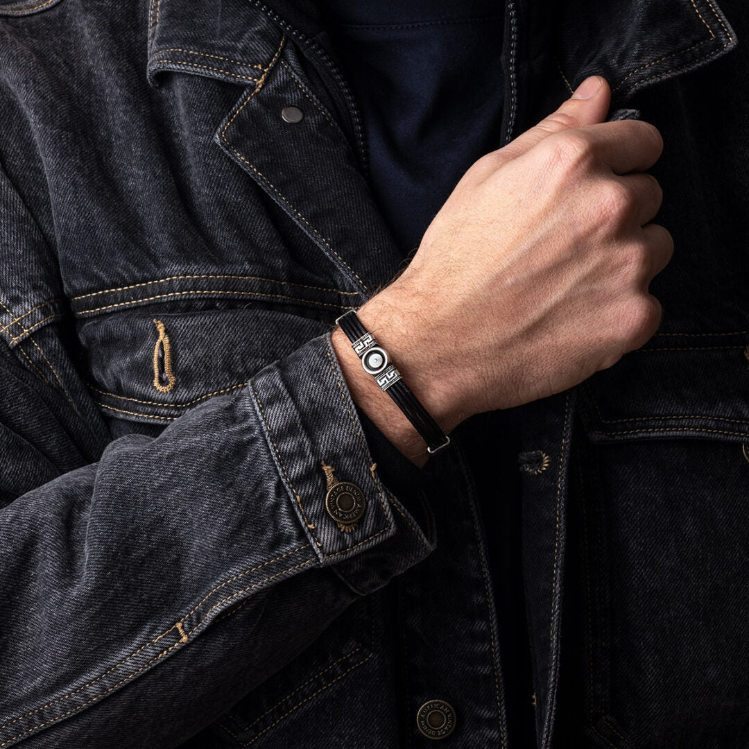Sterling Silver Leather Bracelet with Lucky Eye Motif and Meander — Brown