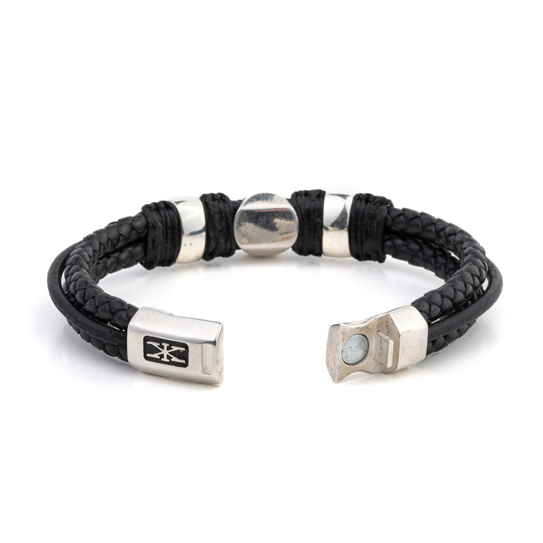 Meander and Evil Eye Leather Bracelet – 925 Sterling Silver — Black