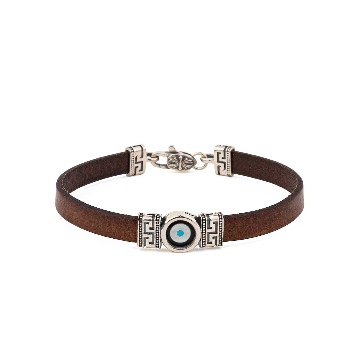 Meander Evil Eye Bracelet in 925 Sterling Silver and Brown Leather