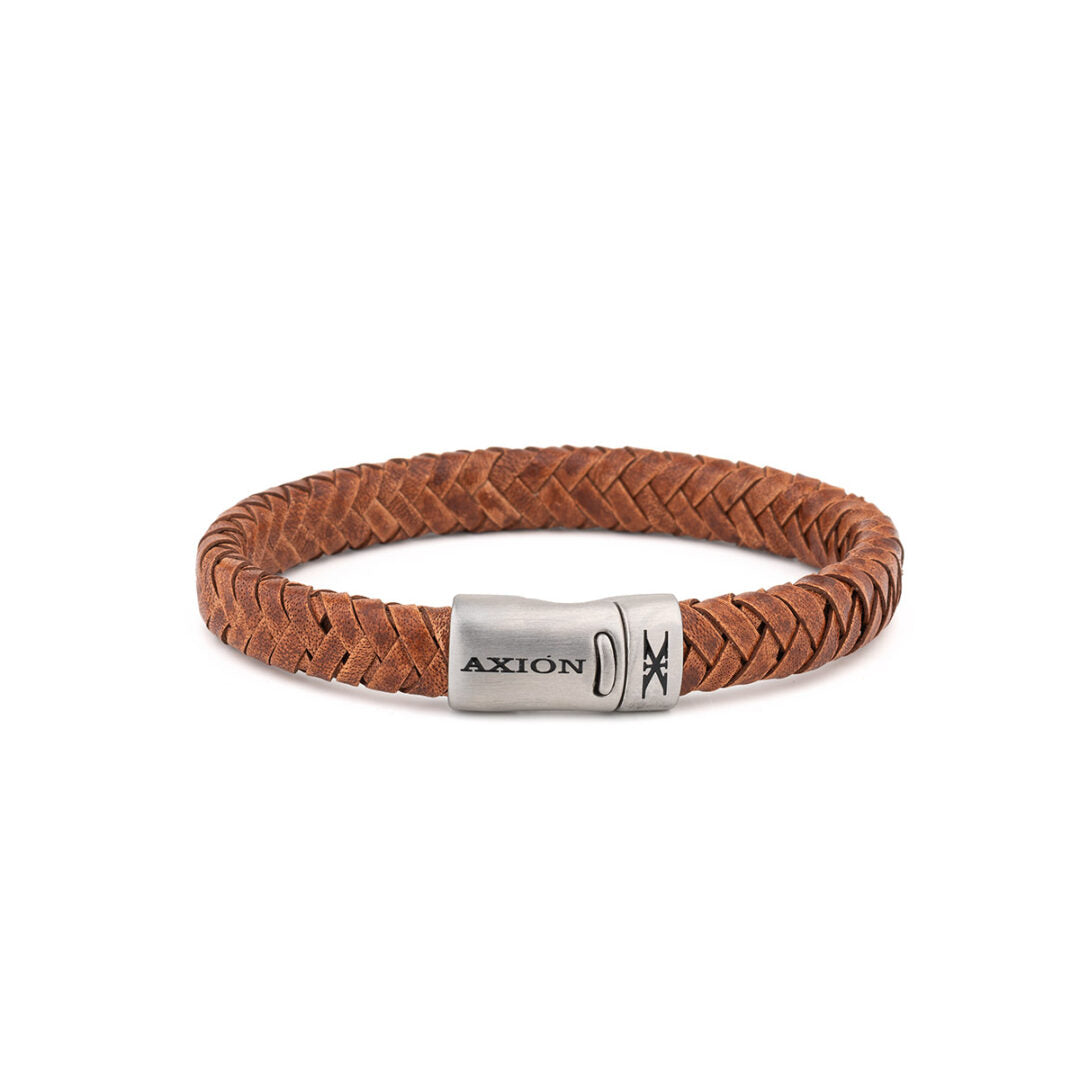 Axion Stainless Steel Leather Bracelet — Light Brown with Silver Clasp