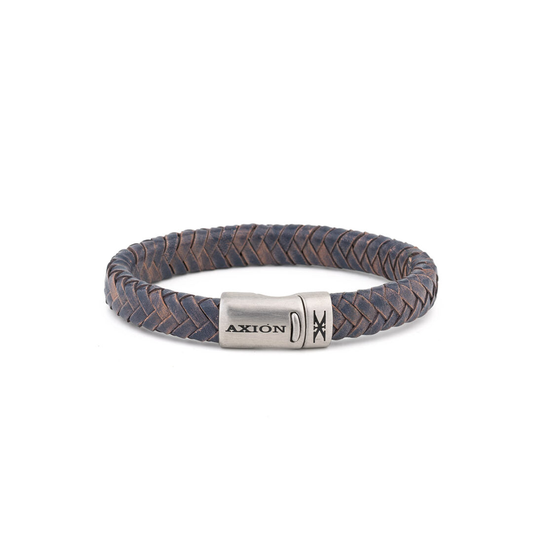 Axion Stainless Steel Leather Bracelet — Blue & Brown with Silver Clasp