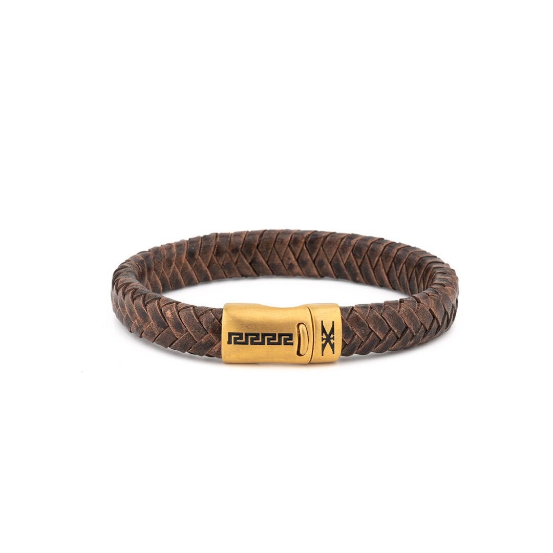 Stainless Steel Leather Bracelet with Meander Motif