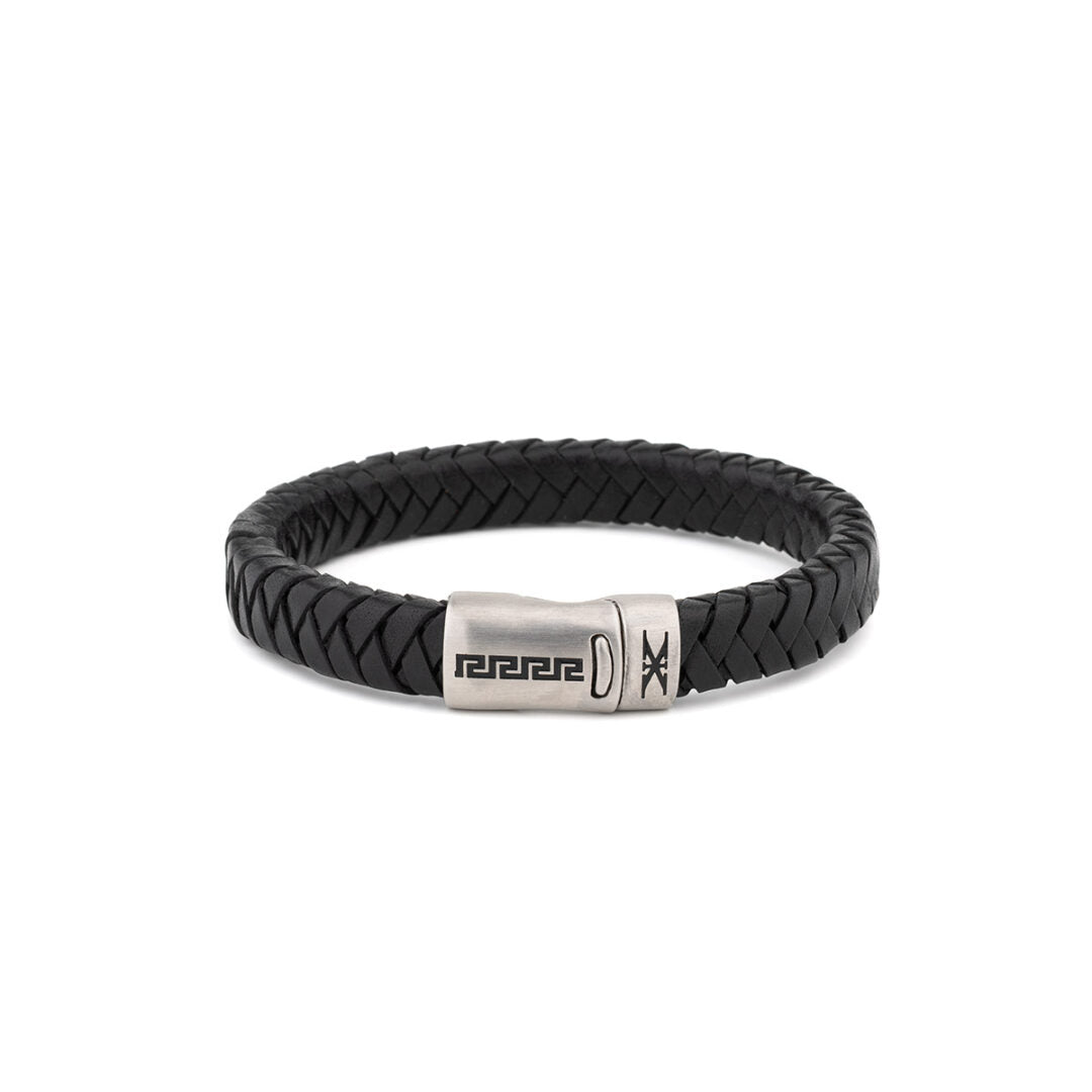 Stainless Steel Leather Bracelet with Meander Motif — Black with Silver Clasp