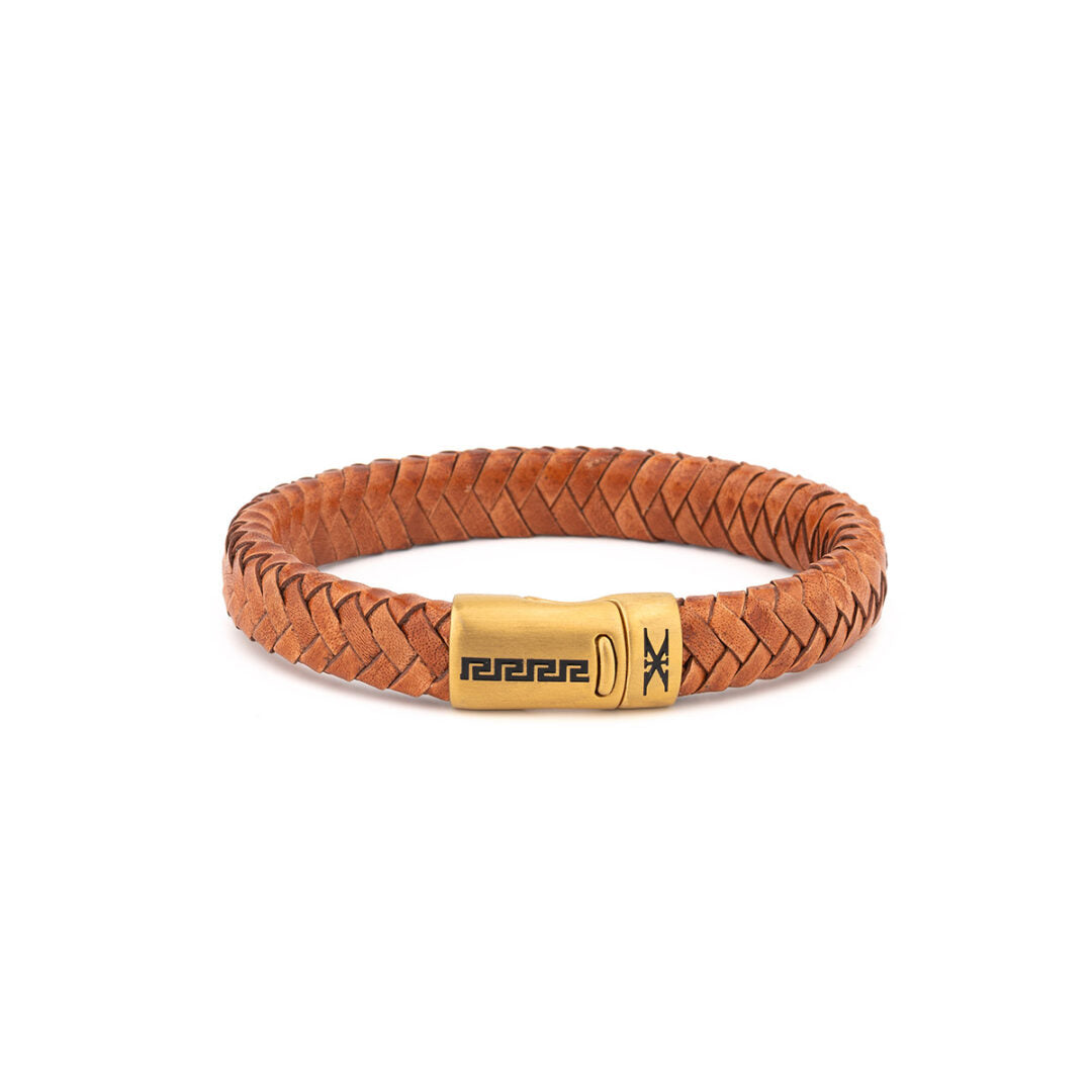 Stainless Steel Leather Bracelet with Meander Motif — Light Brown with Gold Clasp