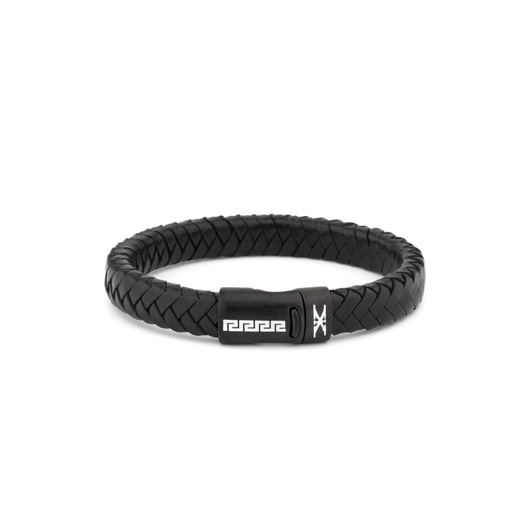 Stainless Steel Leather Bracelet with Meander Motif — Black with Black Clasp