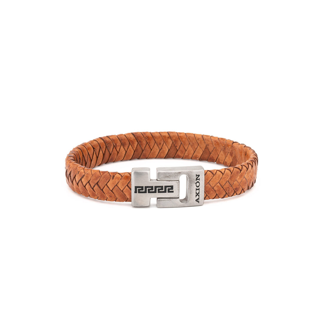 Stainless Steel Leather Bracelet with Meander Motif