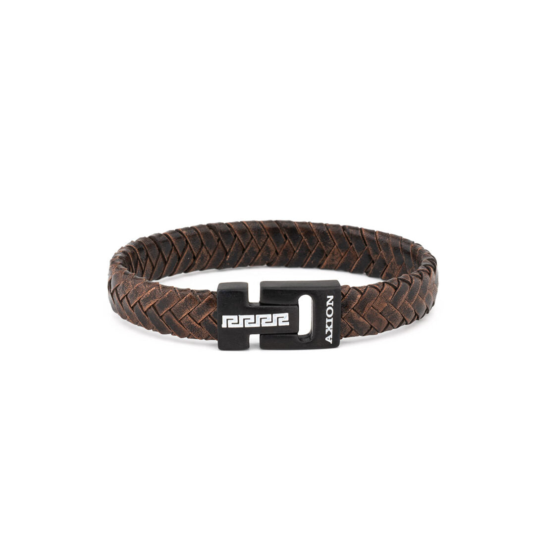 Stainless Steel Leather Bracelet with Meander Motif — Brown with Black Clasp