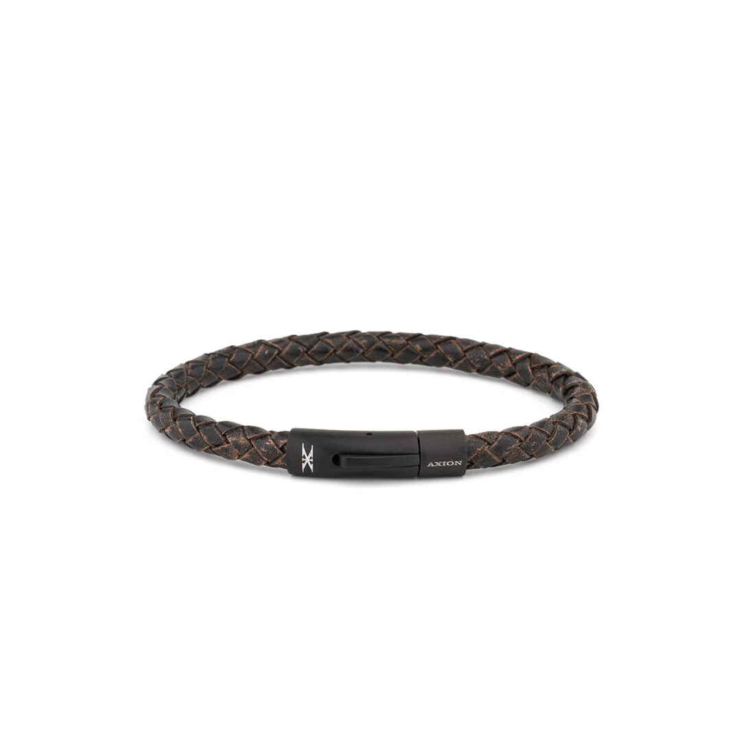 Axion Leather Bracelet with Black Stainless Steel Clasp — Dark Brown