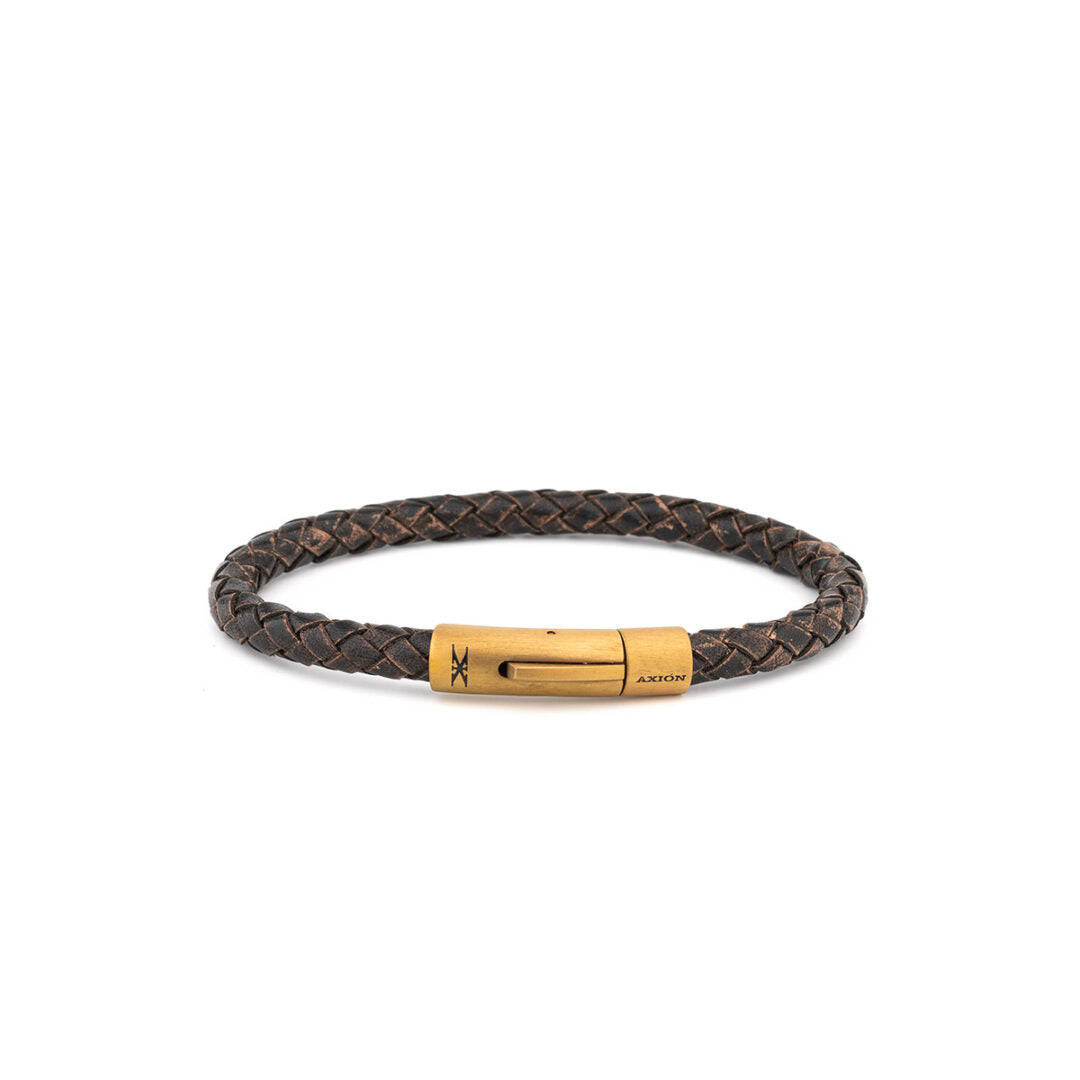 Axion Leather Bracelet with Gold Stainless Steel Clasp — Dark Brown