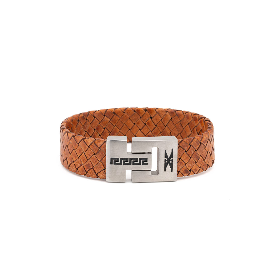 Meander Leather Bracelet and Stainless Steel — Light Brown with Silver Clasp