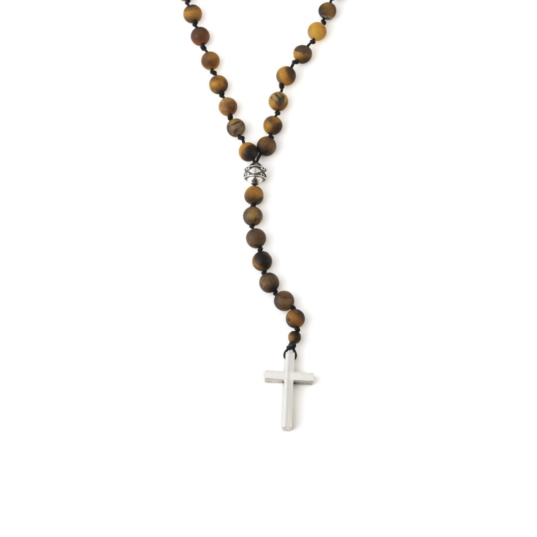Rosary Necklace with Tiger Eye Beads - 925 Sterling Silver