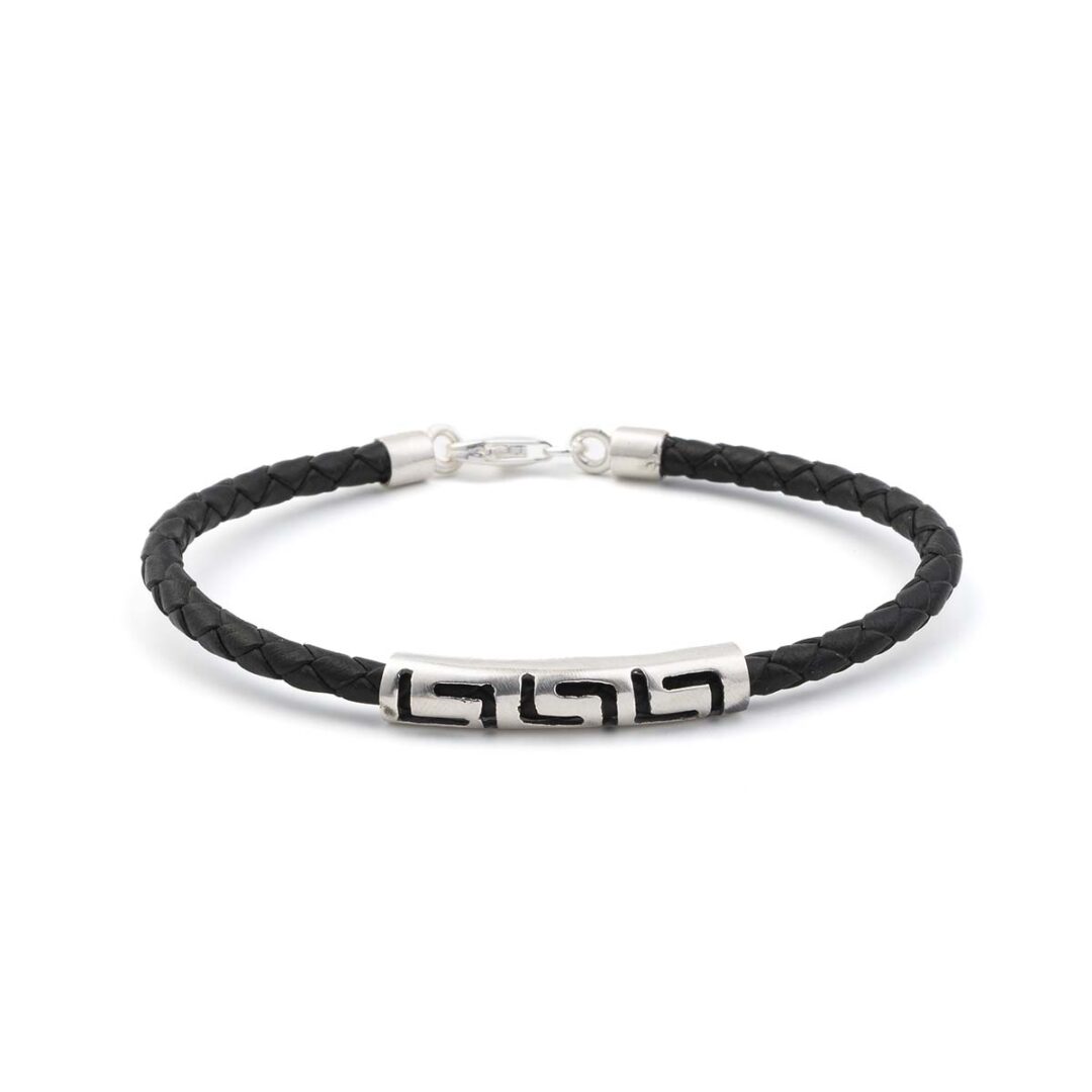 Meandros Greek Key Leather Bracelet - Sterling Silver