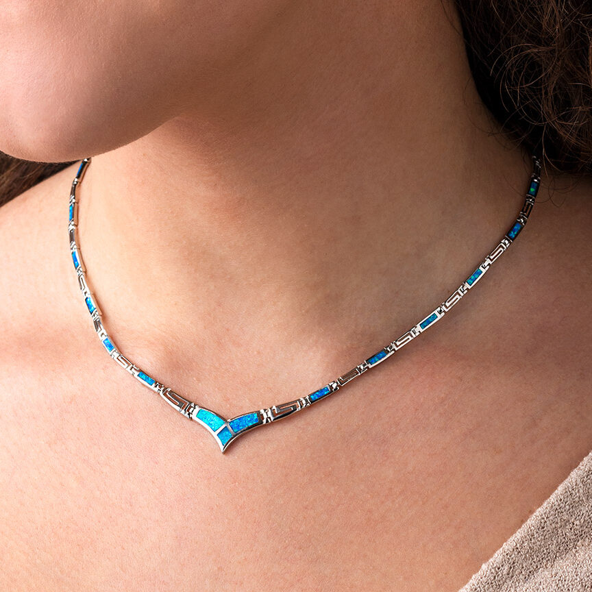 Blue opal v-shaped necklace with Meander