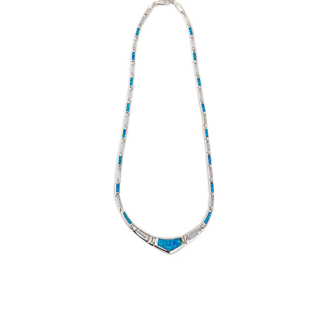 Blue Opal Greek Key Necklace - Sterling Silver