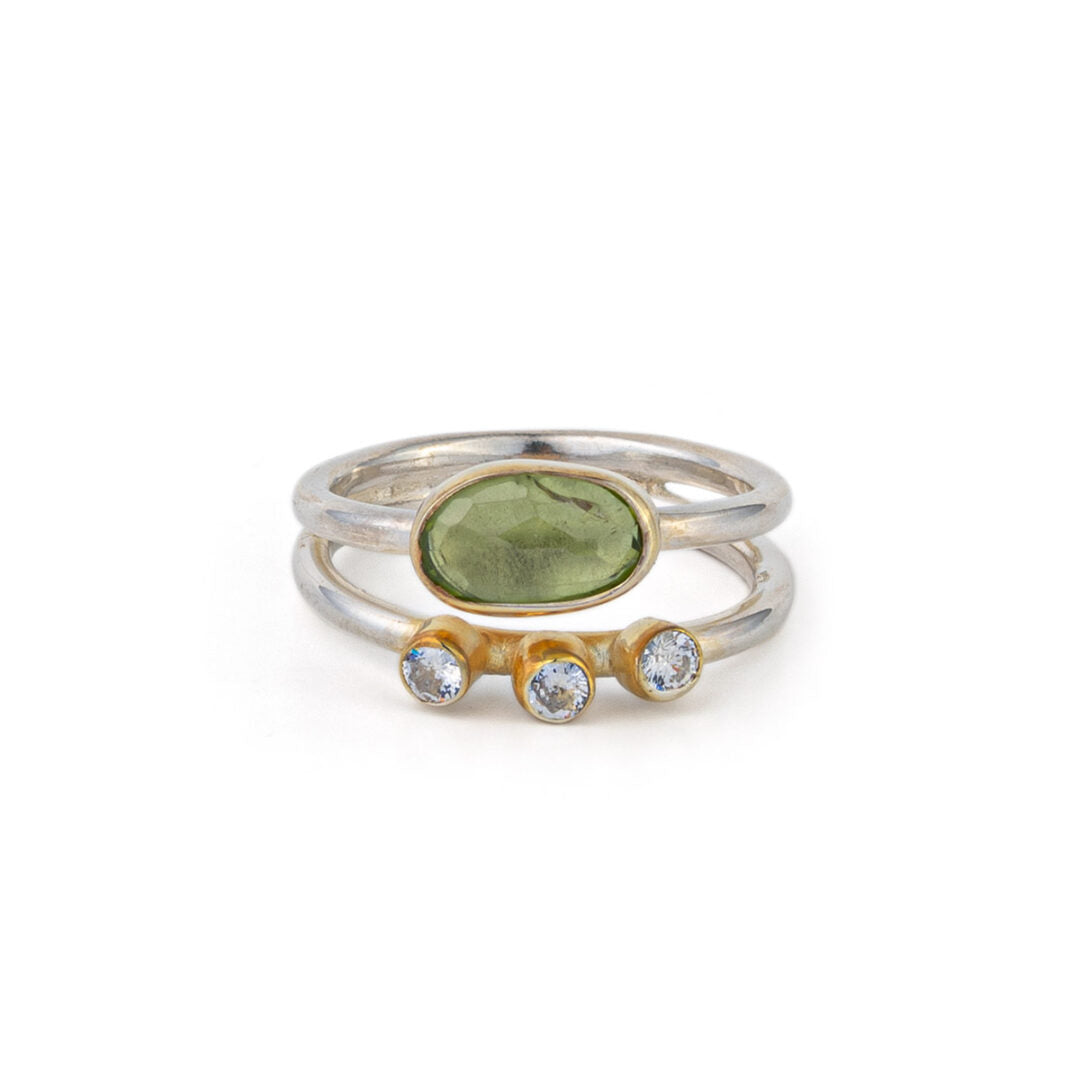 Peridot and Zircon Ring - 925 Sterling Silver and Gold Plated