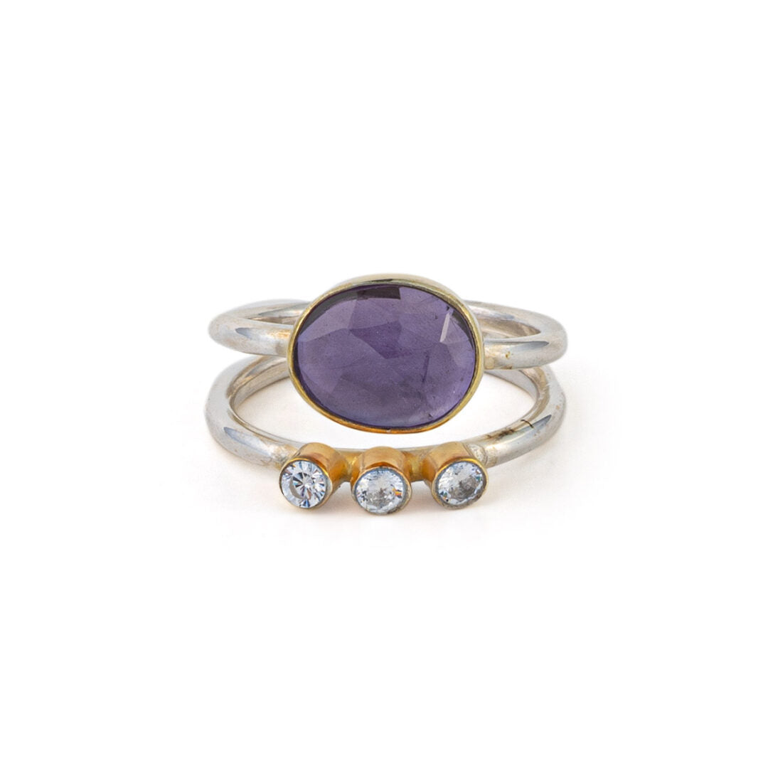 925 Sterling Silver and Gold Plated Ring with Amethyst and Zircon