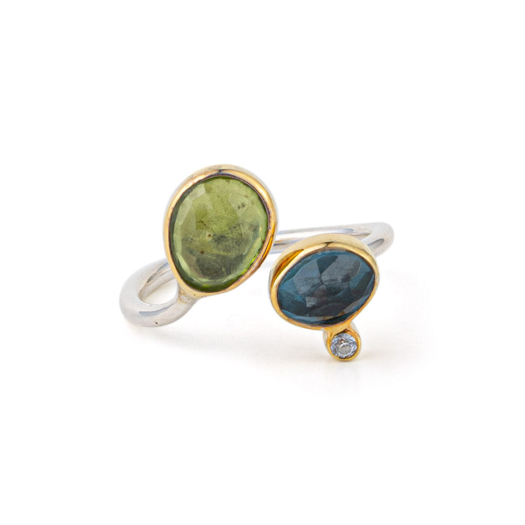 Adjustable Ring with London Topaz and Peridot - 925 Sterling Silver and Gold Plated