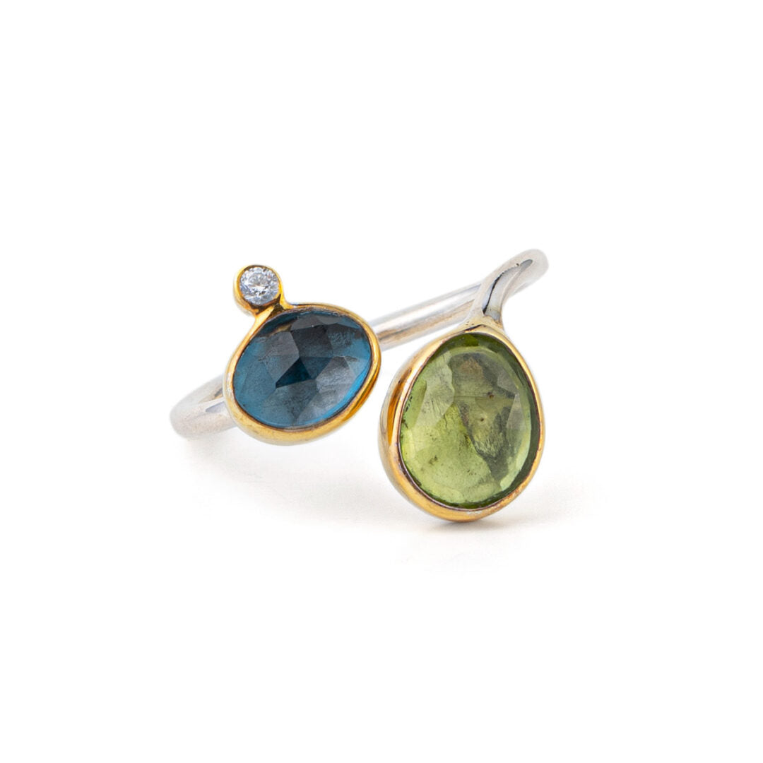 Adjustable Ring with London Topaz and Peridot - 925 Sterling Silver and Gold Plated