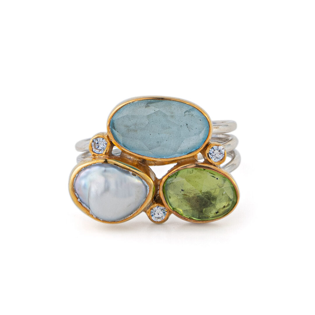 Δαχτυλίδι Aqua Marine Pearl Peridot – Ασήμι 925 Επιχρυσωμένο