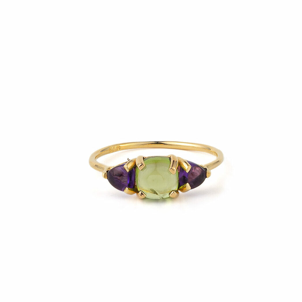 Peridot and Amethyst Ring - 925 Sterling Silver and Gold Plated