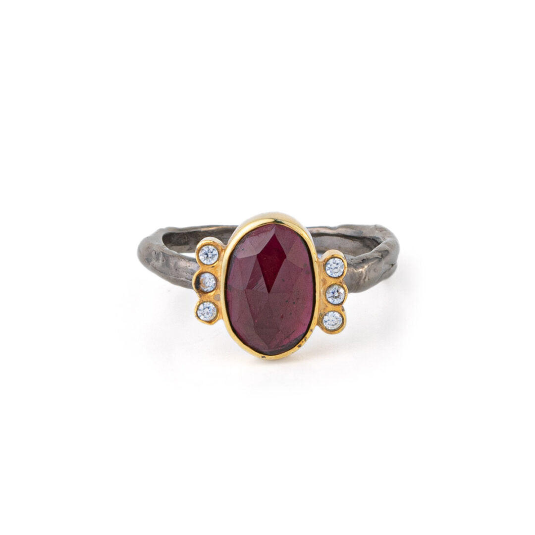 925 Sterling Silver and Gold Plated Ring with Rhodolite and Zircon
